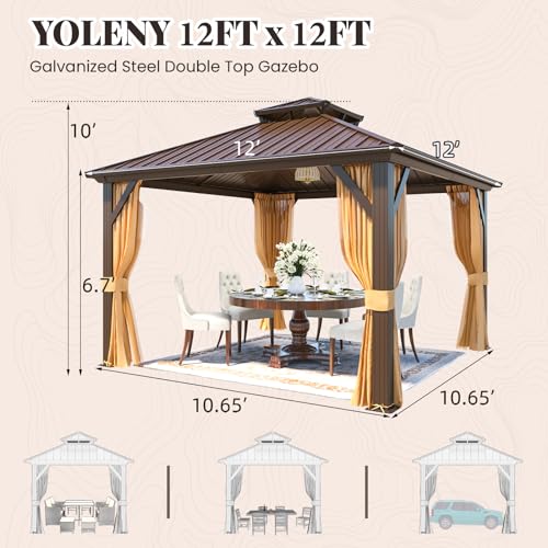 YOLENY 10' x 12' Hardtop Gazebo, Metal Gazebo with Aluminum Frame, Double Galvanized Steel Roof, Curtains and Netting Included