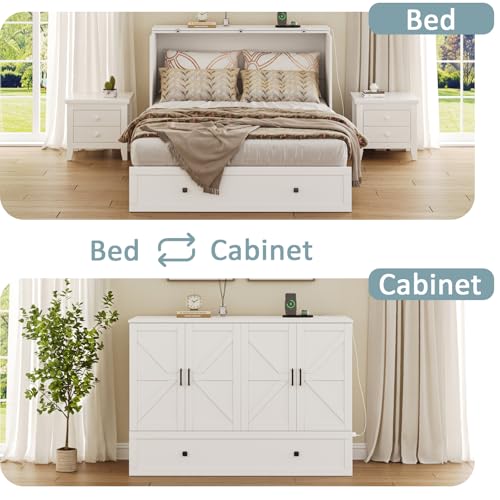 Queen Murphy Bed with Storage & Charging Station, Murphy Cabinet with Foldable Panel, Noisy Free, for Guest Bedroom, Living Room, Office