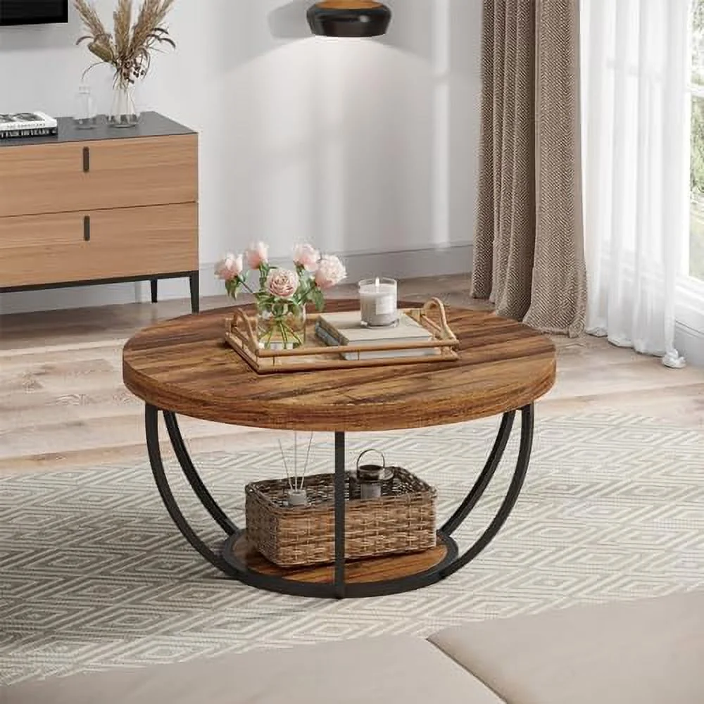 Round Coffee Table  Industrial 2-Tier Circle Coffee Table with  Shelves  JOMA 31.7"