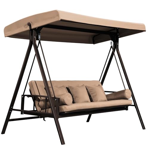 PURPLE LEAF Outdoor Patio Porch Swing with Adjustable PVC Canopy, 3-seat Swing Chair Bench with Side Cup Holder for Backyard Front Porch Lawn