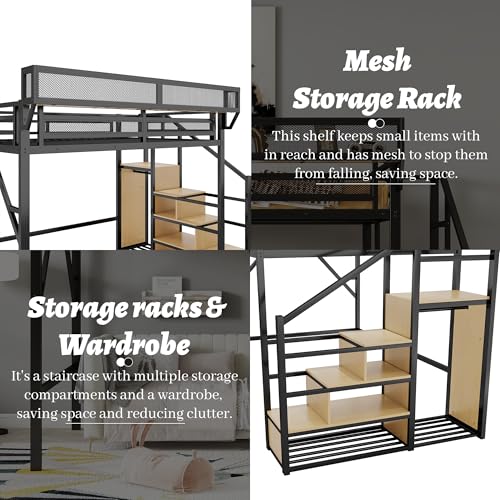 Full Size Loft Bed with Desk and Stairs, Heavy-Duty Steel Loft Bed Frame with Wardrobe & LED Light