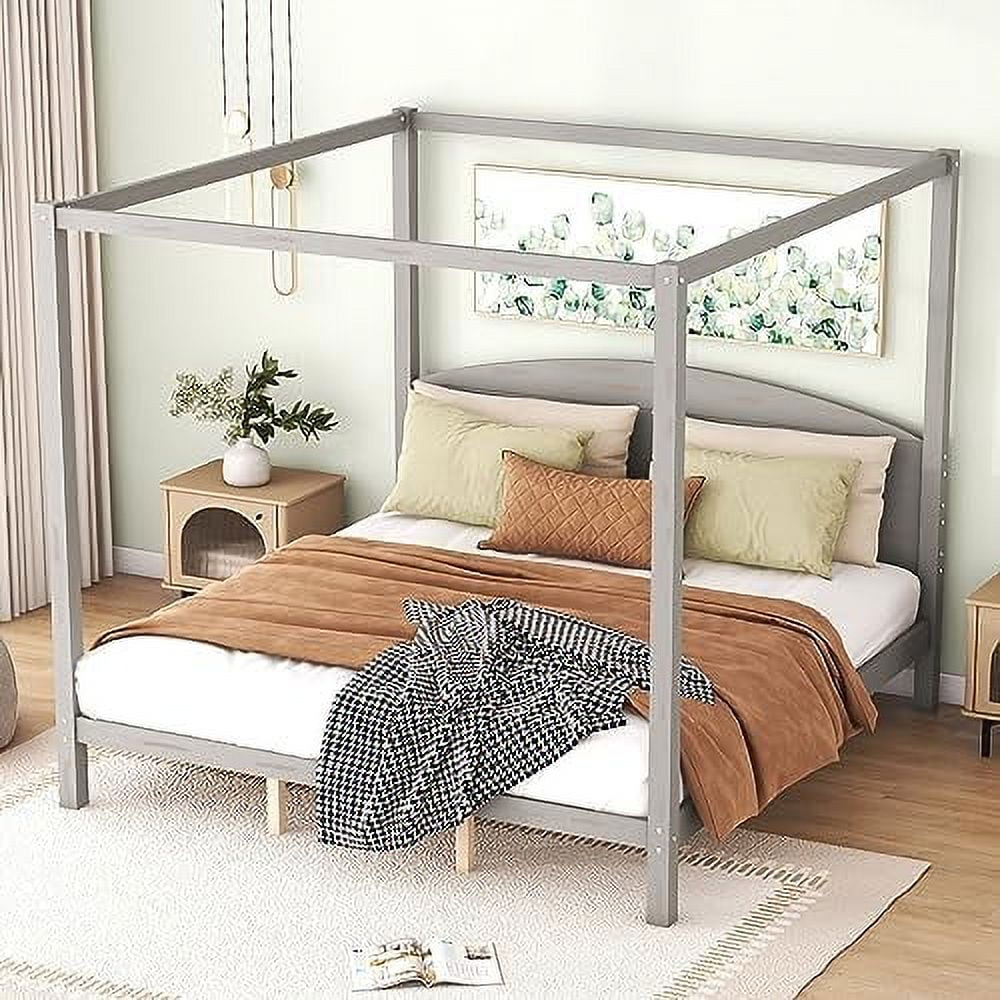 YPZBBOOM Queen Size Canopy Bed Wood 4-Poster Platform Beds  Modern Queen Bed Frame with Headboard  No Box Spring Needed  White