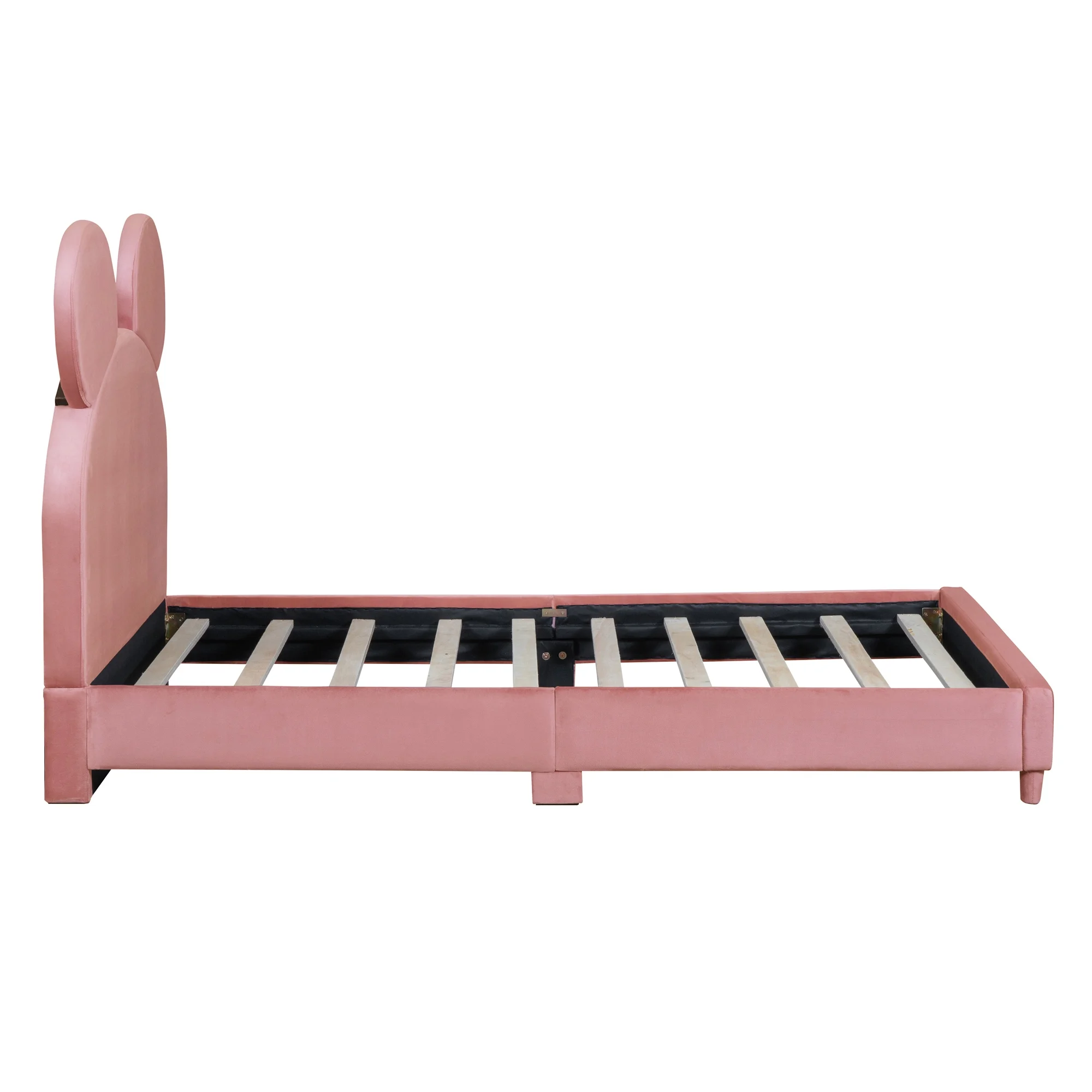 uhomepro Upholstered Twin Size Bed Frame, Platform Bed Frame with Upholstered Bear Ear Shaped Headboard, Wood Slat Support, No Box Spring Needed, Pink
