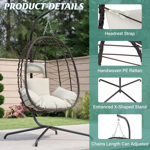 Hanging Egg Chair with Stand, Swinging Egg Chair Outdoor Indoor, Hanging Basket Chair with Cushion