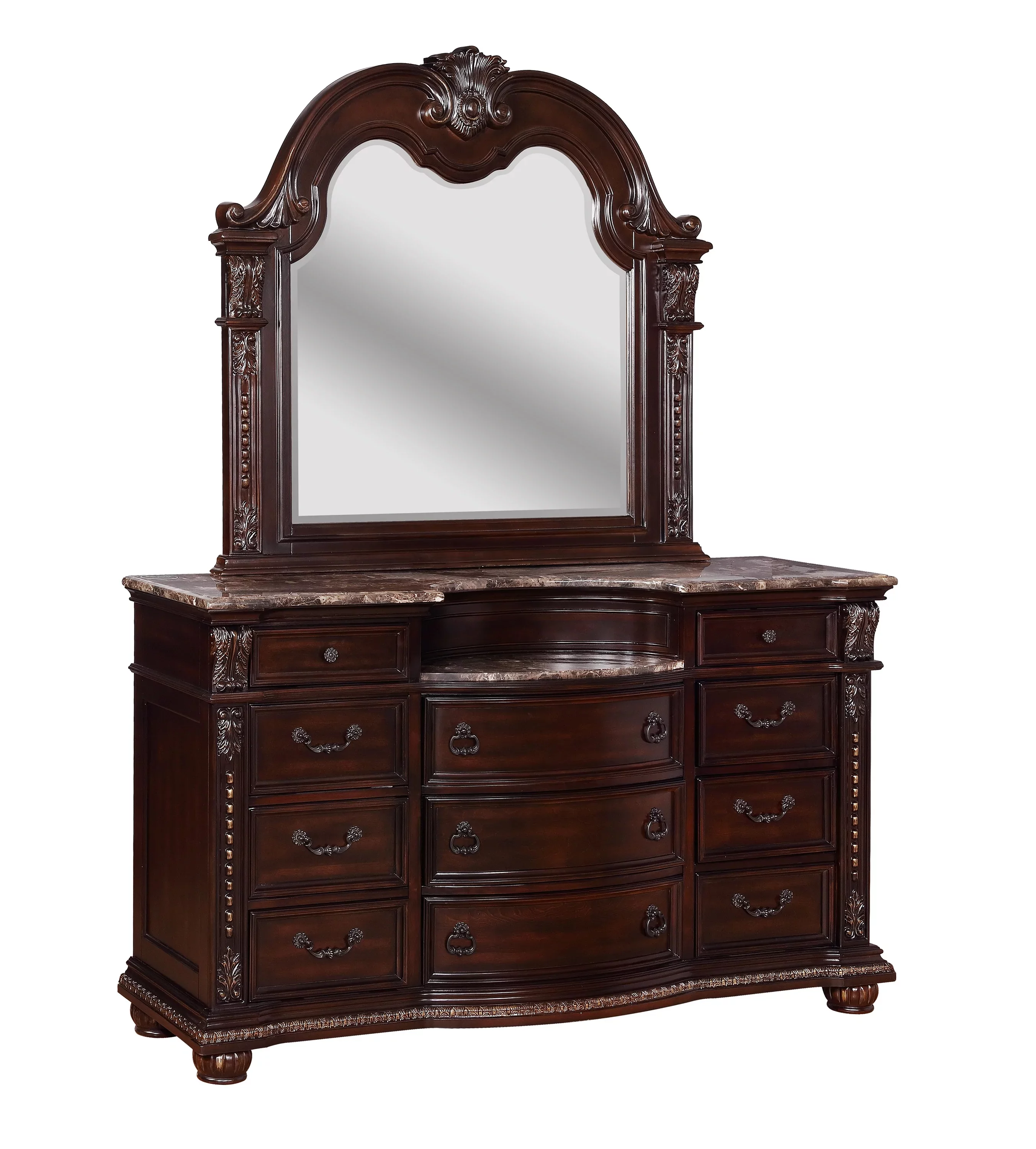 Traditional Formal 6pc Set King Size Faux Leather Upholstery Panel Bed Cherry Finish Marble Top Solid Wood Furniture