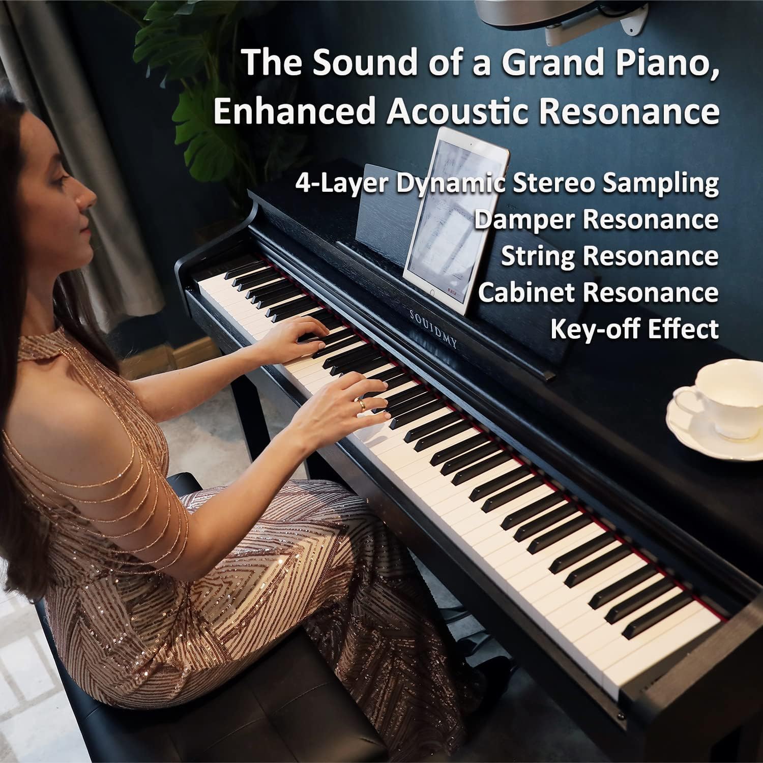 Souidmy V-200 88-Key Digital Piano, Weighted Hammer-Action Ivory Textures Keyboard, Bluetooth MIDI, Enhanced Acoustic Resonance