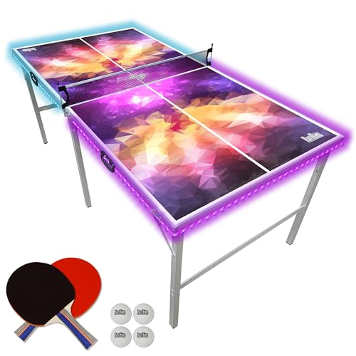PartyLife 6 ft x 3 ft Ping Pong Table Tennis Table | Mid-Size Portable Folding Indoor Outdoor Ping Pong Table Tennis Table w/Optional LED Lights |