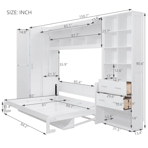 SOFTSEA Queen Size Murphy Bed with Desk, Horizontal Murphy Bed with Storage Wardrobe Drawers and Shelves, Hidden Wall Bedframe for Guest Room