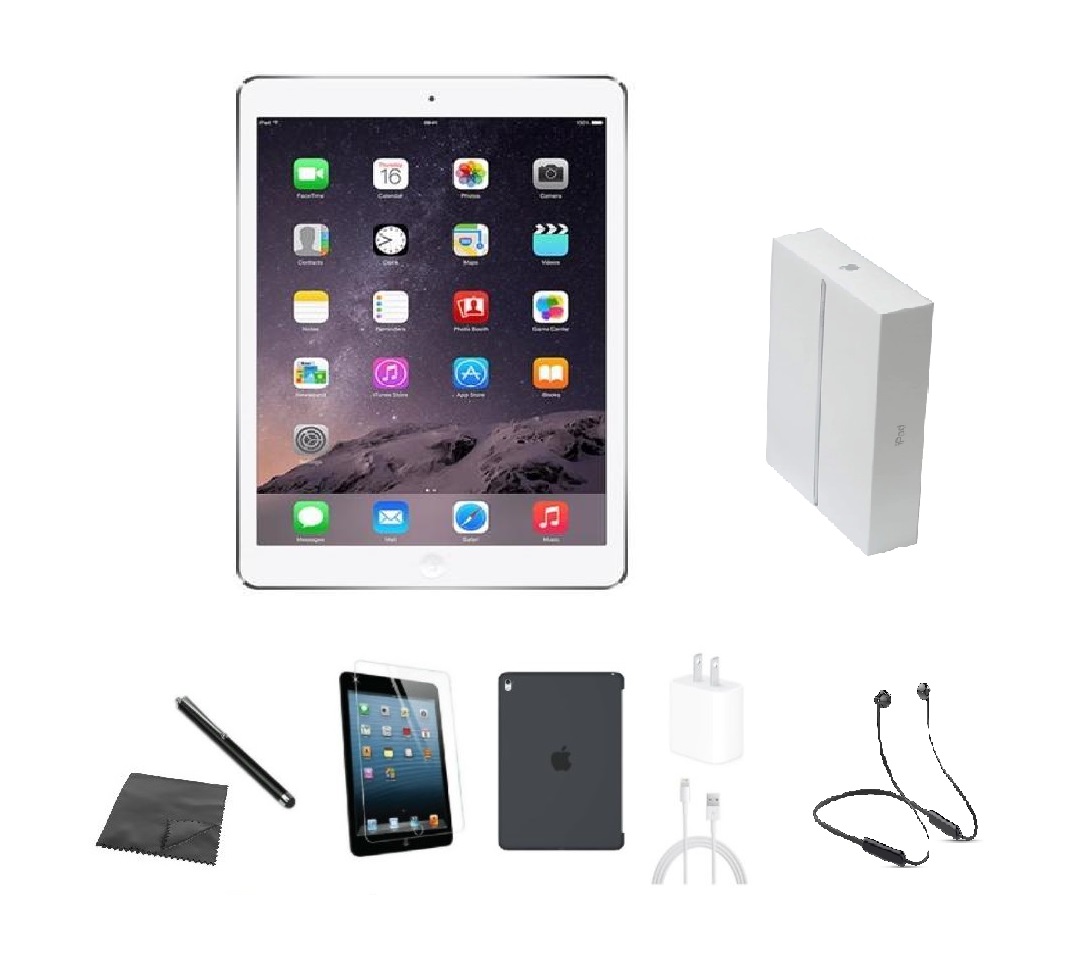 Restored Apple iPad Air A1474 (WiFi) 16GB Silver Bundle w/ Case, Box, Bluetooth Headset, Tempered Glass, Stylus, Charger (Refurbished)