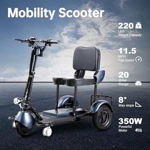 Powered Mobility Scooters Folding Blue 3-Wheel Mobility Scooter, 20 Miles Range, 11.5 Mph, 300W Electric for Adults & Elderly, with LED Headlights
