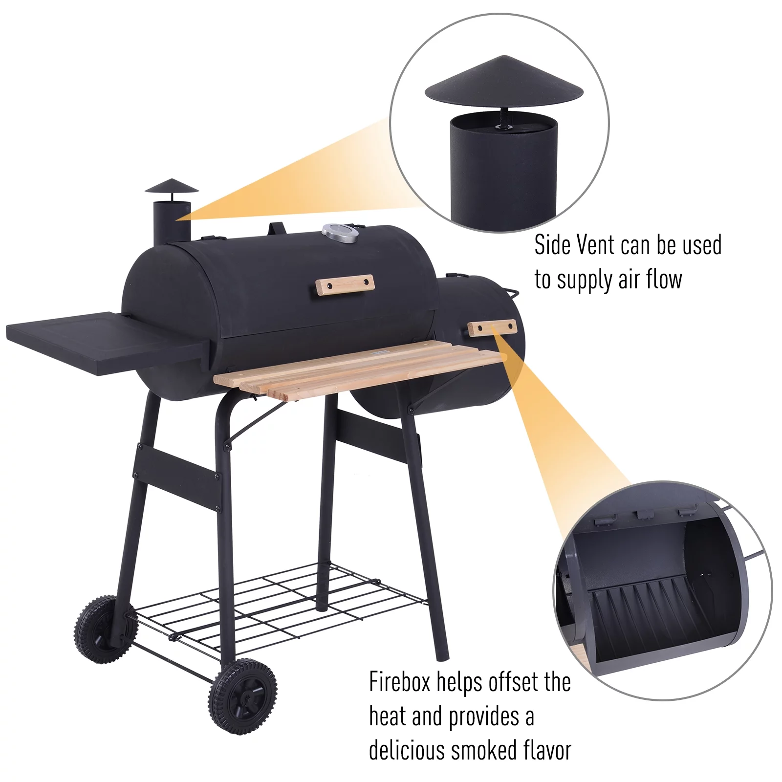 Outsunny 48" Steel Portable Backyard Charcoal BBQ Grill and Offset Smoker Combo with Wheels