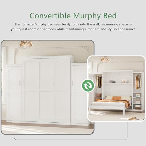 Polib Full Size Murphy Bed with Two Wardrobes and Storage Shelf, Space-Saving Wall Cabinet Bed with Foldable Platform Bedframe for Small Bedrooms