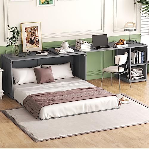 Full Size Murphy Cabinet Wall Bed With Storage and Bookcase Headboard, Solid Wood Cabinet With Shelves and USB Ports, Platform Floor for Home Office