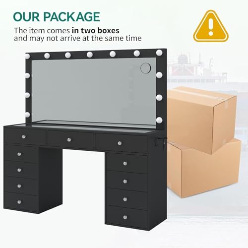Vanity Desk & Power Outl, Makeup Vanity with Mirror and 12 LED Lights, Makeup Table with 11 Drawers, Vanity Table with Chair