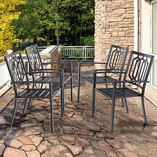 PHI VILLA Stackable Wrought Iron Patio Dining Chairs - Set of 2 Black Outdoor Chair Bistro Metal Chairs, Support 300 LBS