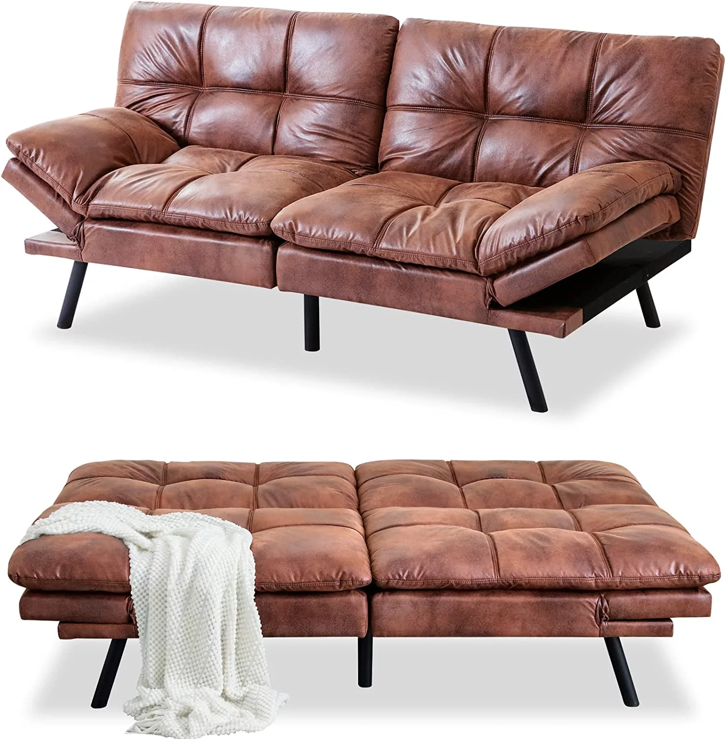 RUNFAYBIU Futon Sofa Bed Memory Foam Futon Couch Bed Sofa Sleeper Modern Convertible Faux Leather Futon for Living Room Small Love seat for Apartment