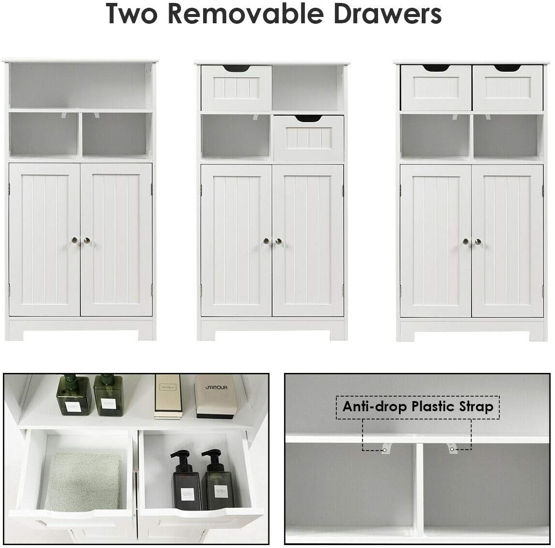 Elegant Design Multifunction Freestanding Bathroom Floor Cupboard Cabinet Storage Organize with 2 Drawer Adjustable 2 Doors Sturdy Durable for Toilet