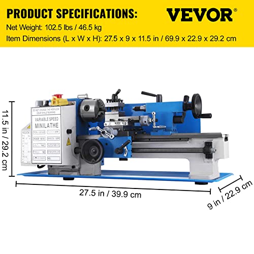 VEVOR Metal Lathe 7 x 12 Inch, Precision Mini Metal Lathe 2250 RPM 550W Variable Speed