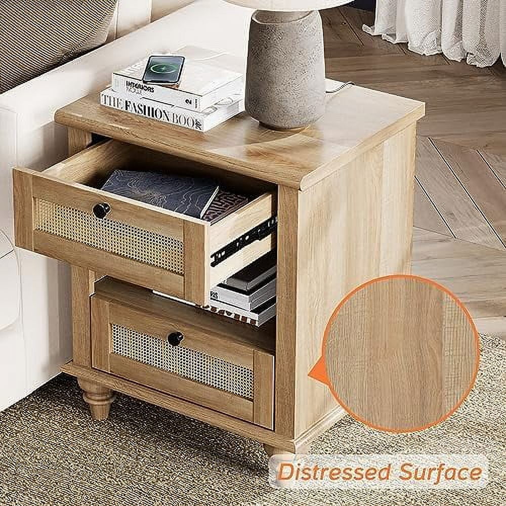 Rattan Nightstand End Table with Charging Station  Farmhouse Small Side Table for Living Room with 2 Drawers  Natural Wood Night Stand Bedside Table