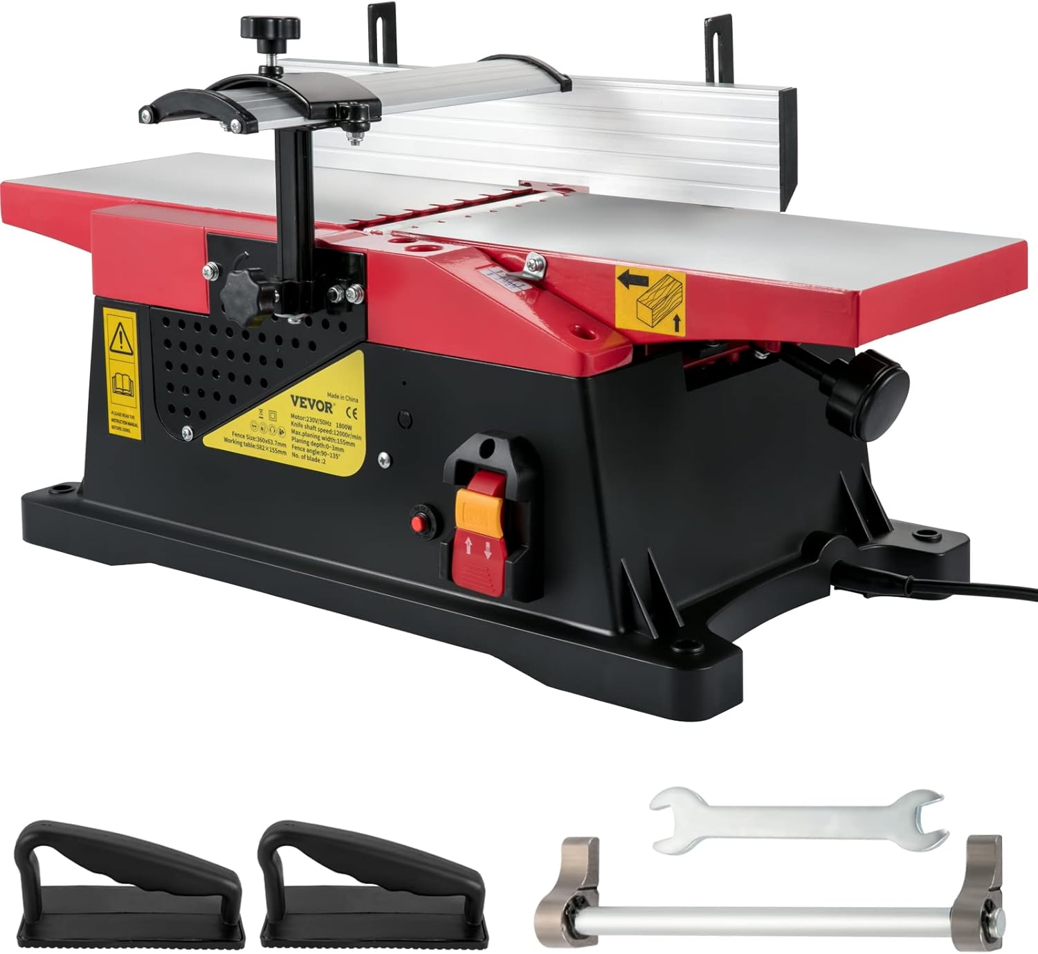 VEVOR Benchtop Jointer, 6in 1650W Electric Wood Planner, 12000rpm 8amp Copper Motor, Precise Cutterhead with 2 Push Blocks Fence Depth Scale