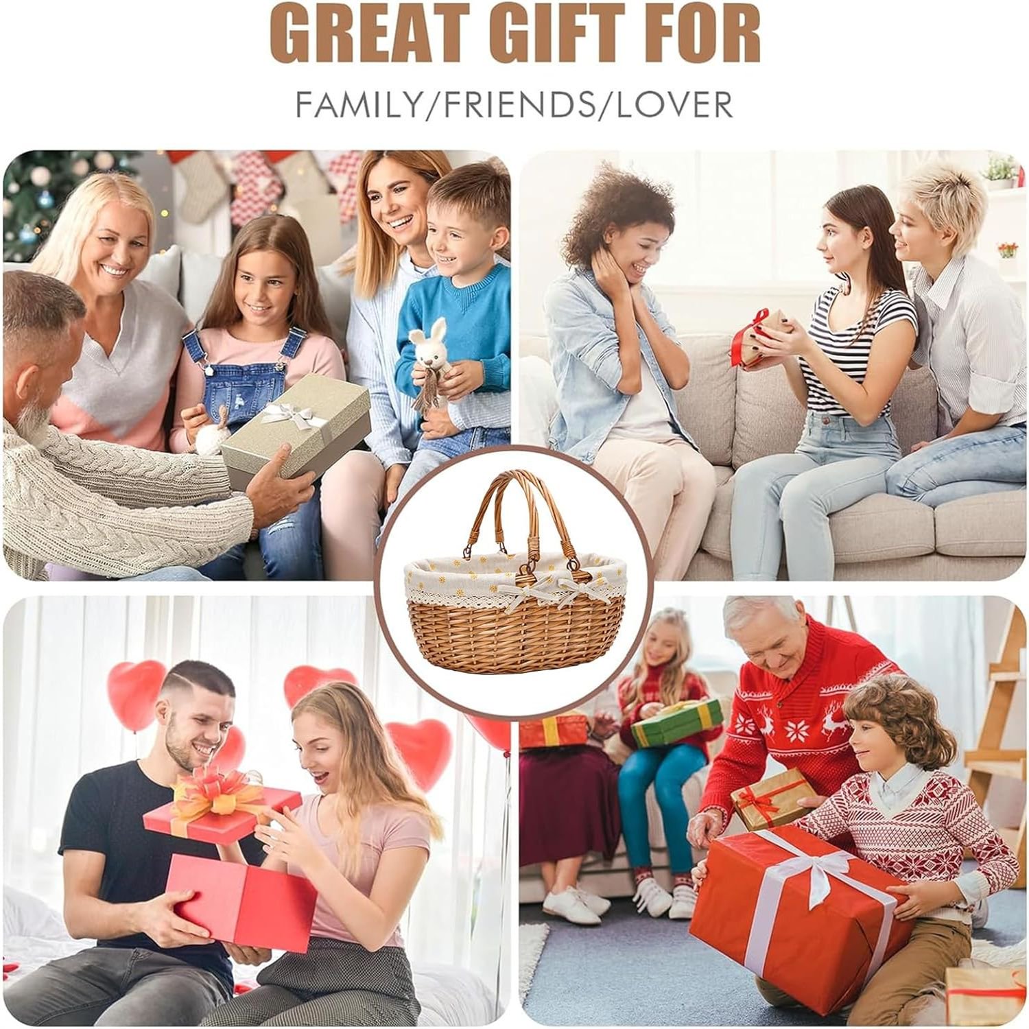 Oval Picnic Basket with Folding Handles, Willow Hand Woven Shopping Basket, Bath Toy Kids Toy Storage Gift Packing Basket