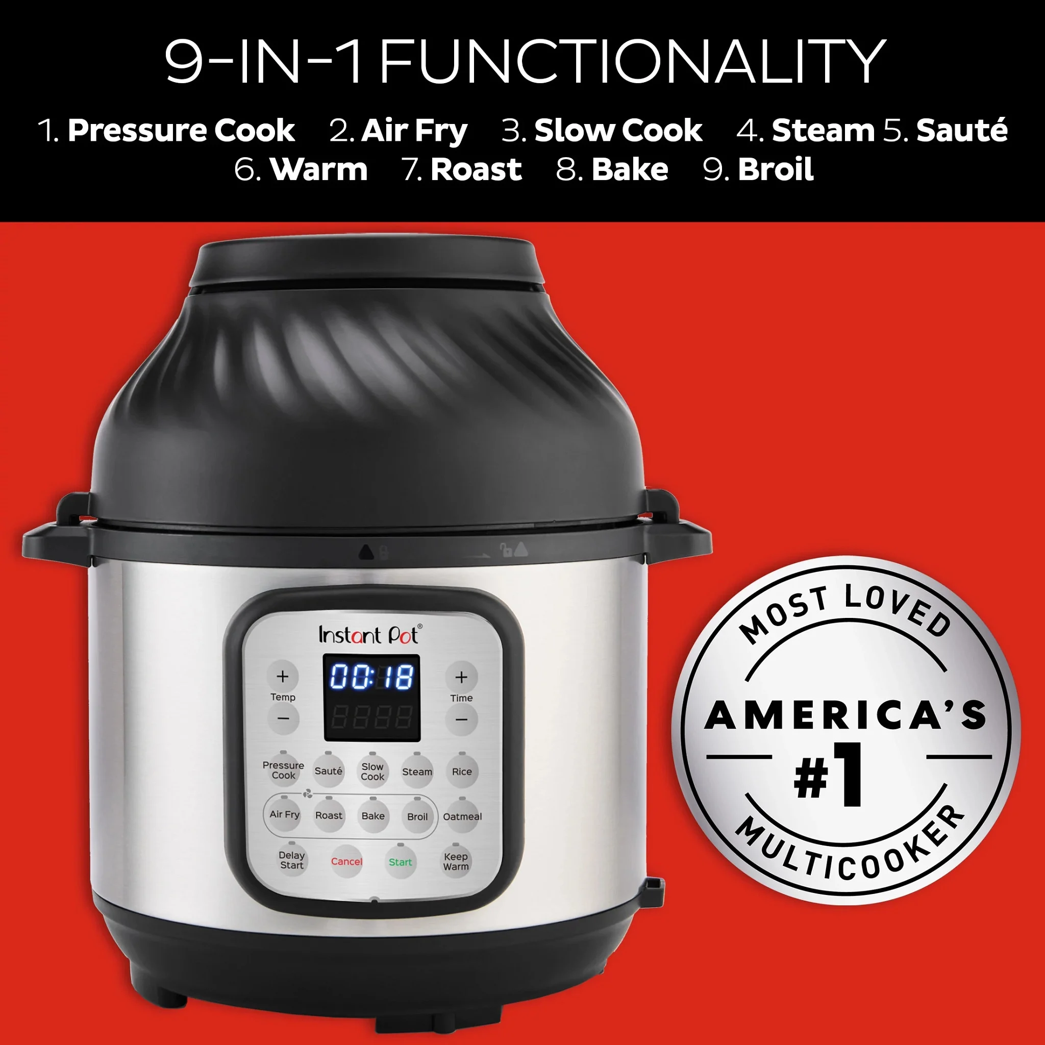 Instant Pot 8 Quart Crisp Multi-Cooker + Air Fryer, 9-in-1: Pressure Cook, Steam, Slow Cook, Sauté, Air Fry, Bake, Broil, Roast, Keep Warm, Rice