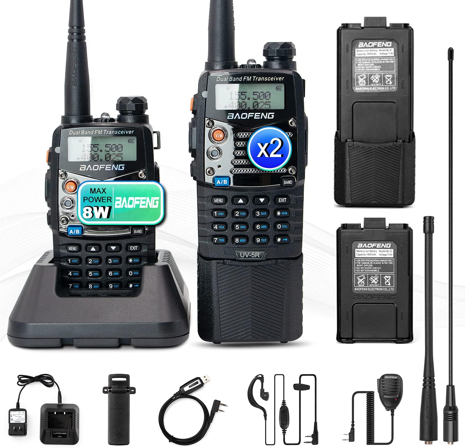 BaoFeng (UV-5R Pro) Ham Radio Handheld Walkie Talkies UHF VHF Dual Band 2-Way Radio Full Kit with an Extra 3800mAh Battery