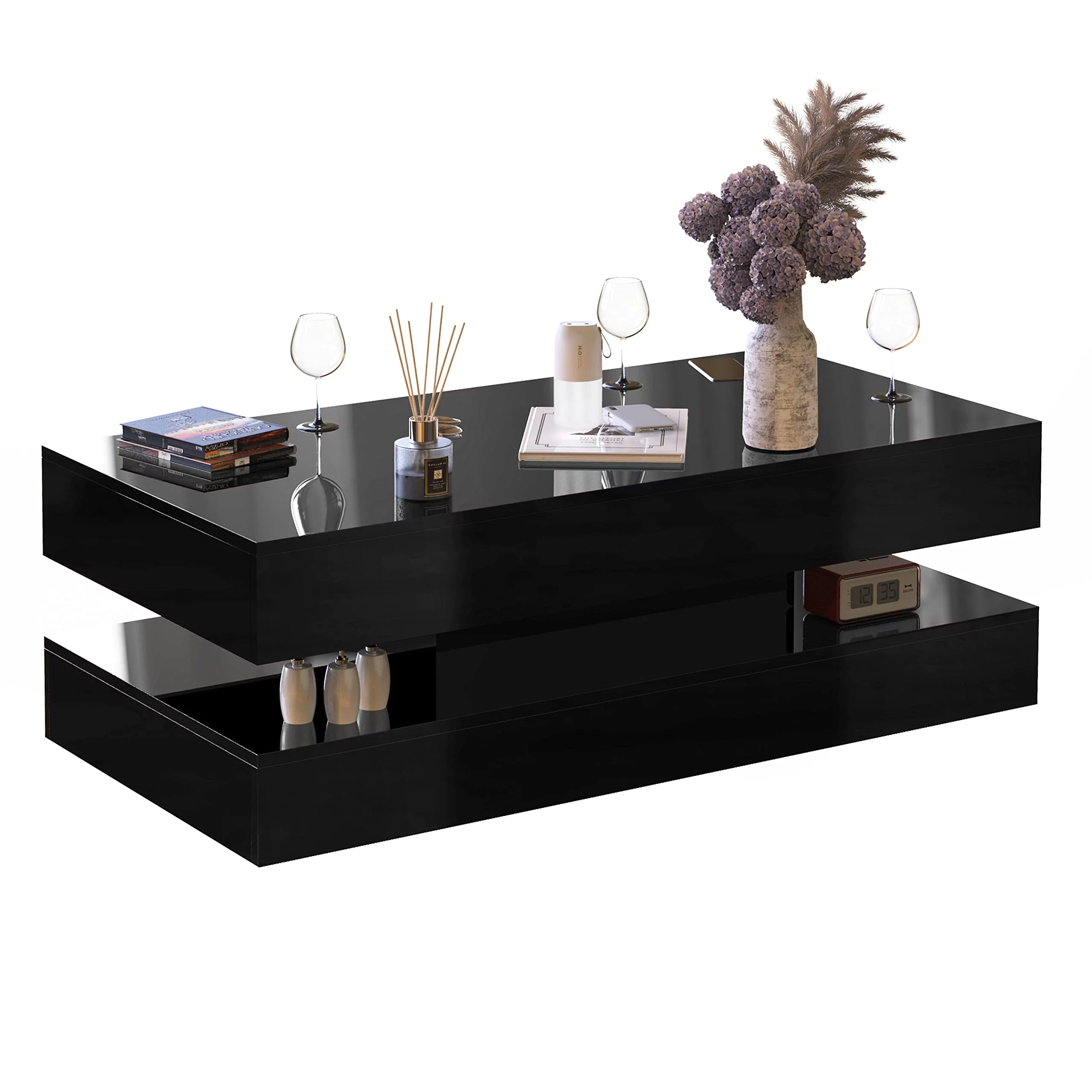 ChVans LED Coffee Table with 2 Storage Drawers, Modern High Gloss Black Coffee Table w/20 Colors LED Lights & APP Control, Large Living Room Furniture