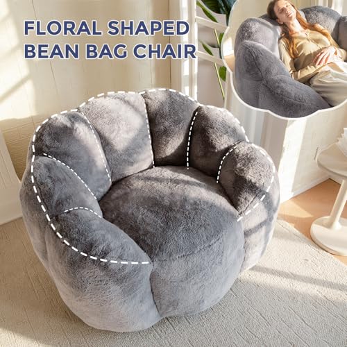 MAXYOYO Bean Bag Chair for Adults, Floral Shaped Bean Bag Sofa, Ultra Soft Faux Fur Floor Sofa, Large Reading Chair for Living Room Bedroom, Beige