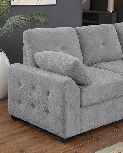 L-Shaped Pull Out Sleep Sofabed,Modern Reversible Sleeper Sectional Sofa Chenille Upholstered Button Tufted Decor with Storage Chaise