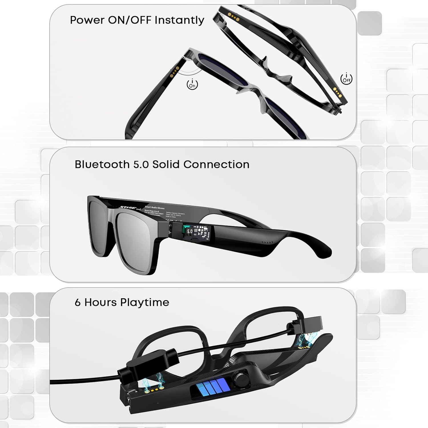 Bluetooth Glasses, with Open Ear Headphones, Smart Sunglasses Anti Blue Ray, Voice Assistant, IP4 Waterproof Audio Glasses