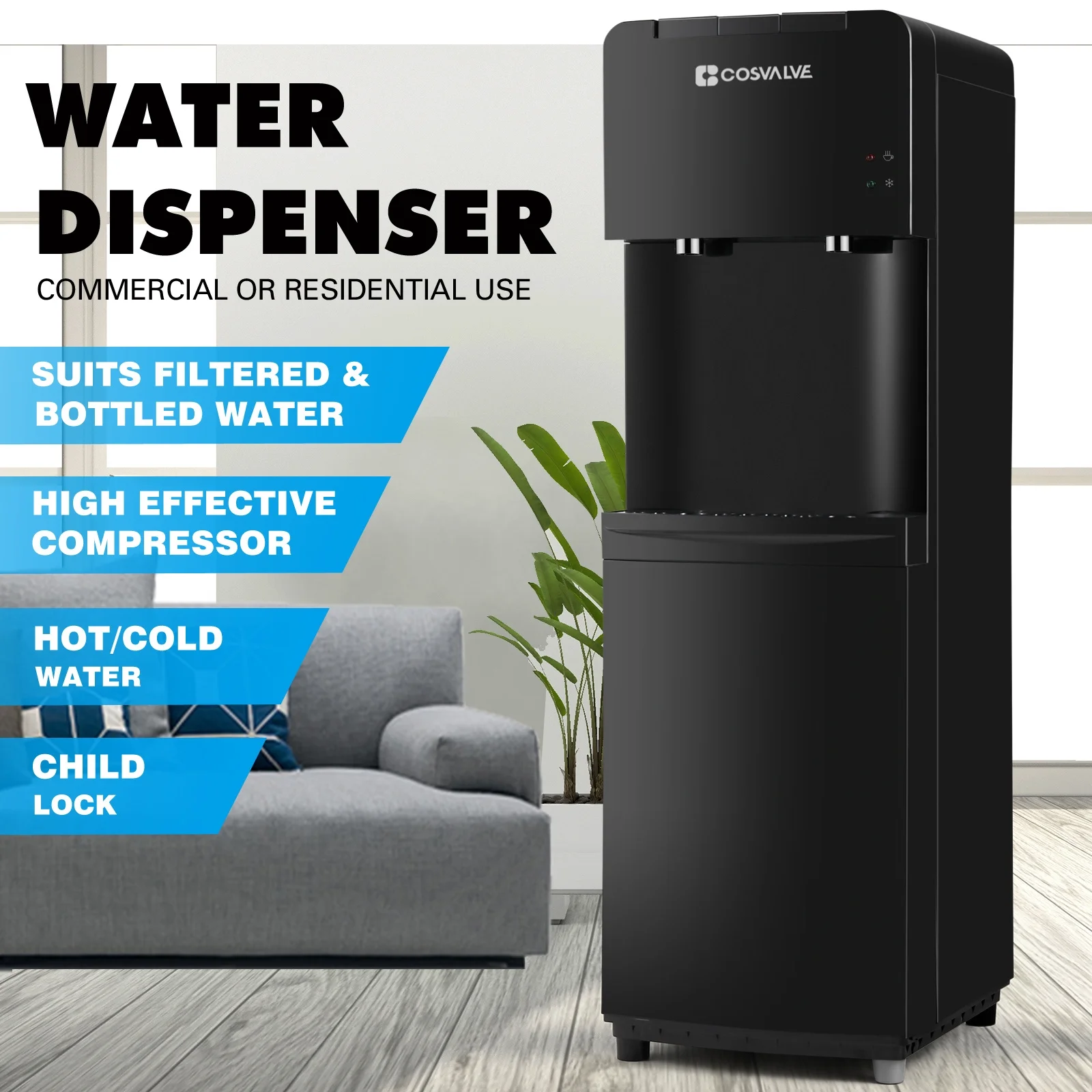 5 Gallon Hot Cold Water Dispenser Cooler Top Loading with Child Safety Lock (Black)