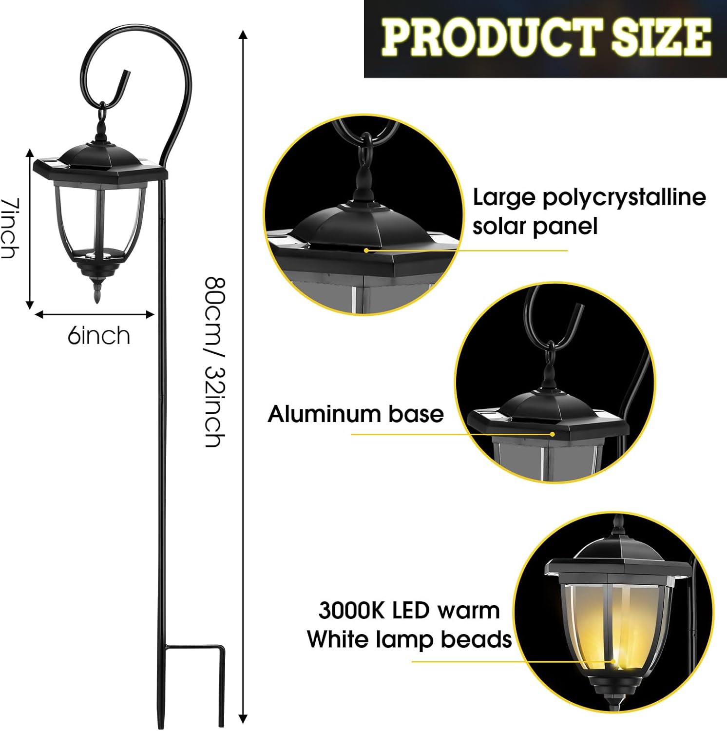 6 Pcs 32" Hanging Solar Lantern Lights with Dual Use Shepherd Hooks Outdoor LED Garden Lanterns Decorative Waterproof Pathway Hanging Lights Solar