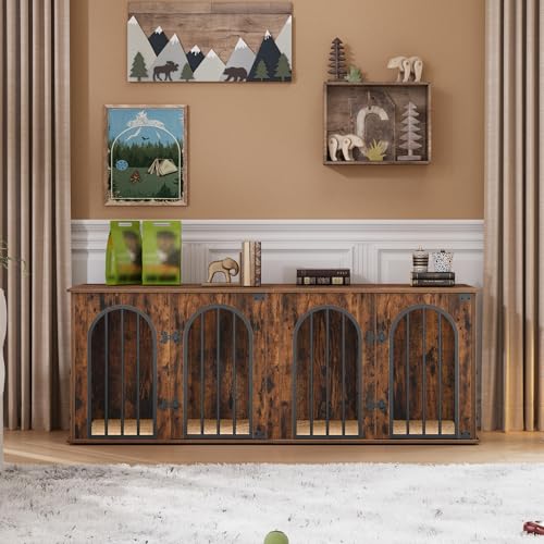 71" Dog Crate Furniture for 2 Dogs, Heavy Duty Indoor Dog Kennel TV Stand, XXL Wooden Dog Cage with Divider for Medium Large Dogs