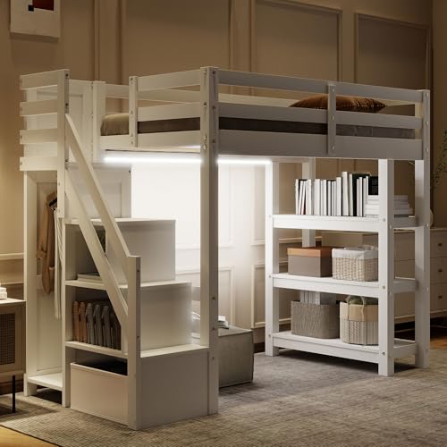 Gaming Bed with Desk,Wardrobe,Ample Storage Space,and RGB LED Light, Full Size Wood Loft Bed for Kids Bedroom (Cloud Blue/K)