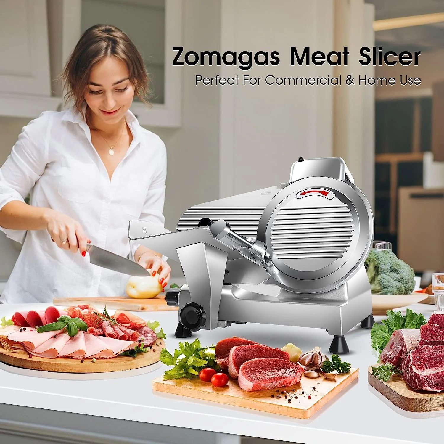 Meat Slicer Machine 10 inch Commercial Meat Slicer 240W Frozen Meat Cheese Deli Slicer Premium Chromium-Plated Steel Blade Semi-Auto Foody Slicer