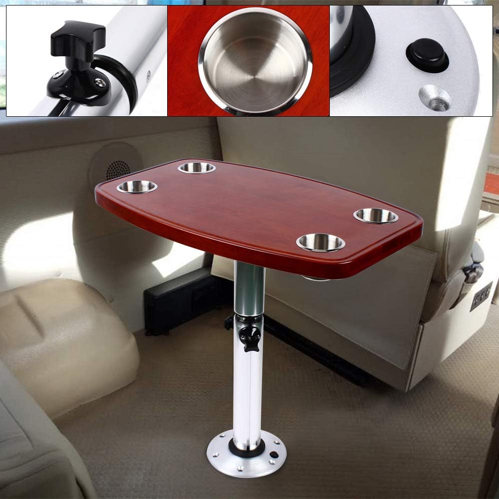 Boat Table, Varnished Removable Marine Table with 4 Cup Holders and Pedestal Base Mount Height Adjustable for Caravan RV Marine Boat