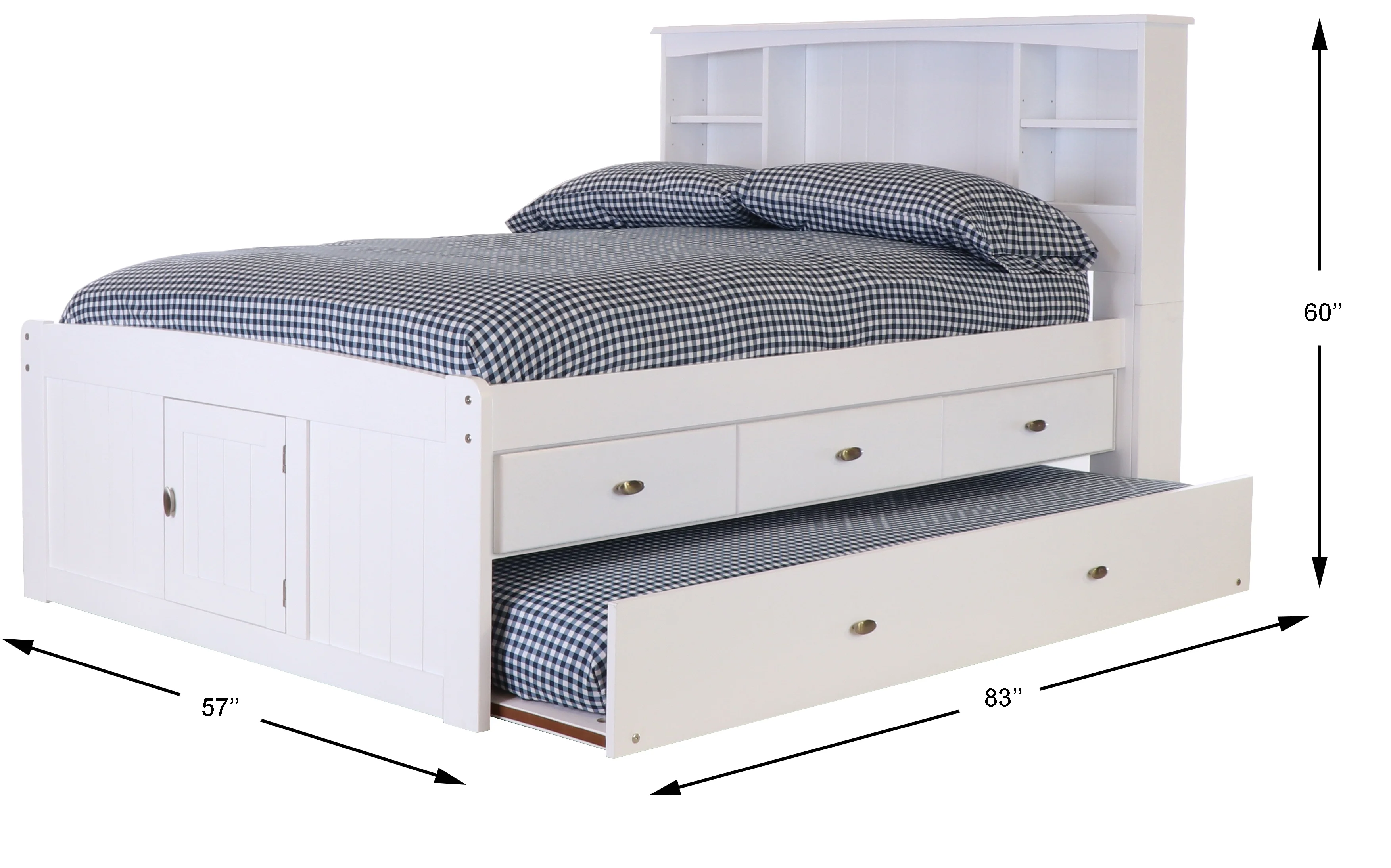 OS Home and Office Furniture Model 80221K3-22 Solid Pine Full Sized Captains Bookcase Bed with 3 spacious under bed drawers and a Twin Trundle in