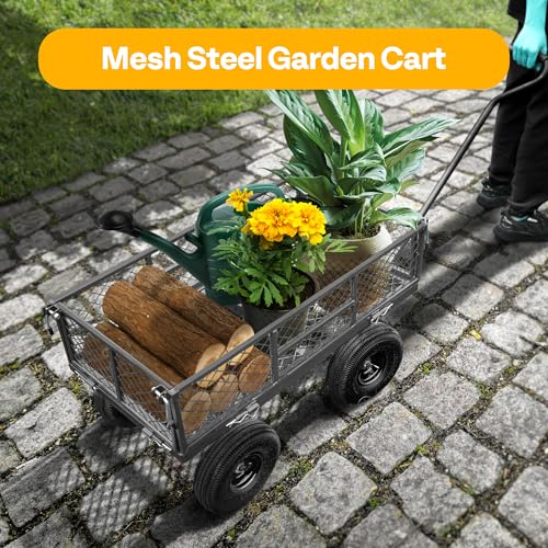 VIVOHOME Heavy Duty 880 Lbs Capacity Mesh Steel Garden Cart Folding Utility Wagon with Removable Sides and 4.10/3.50-4" Wheels 10 inch Tire (Black)
