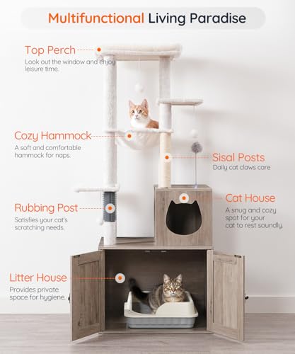 HOOBRO Cat Tree with Litter Box Enclosure, Tall Cat Tower for Indoor Cats, All-in-One Modern Cat Condo, Hidden Litter Box Enclosure Furniture
