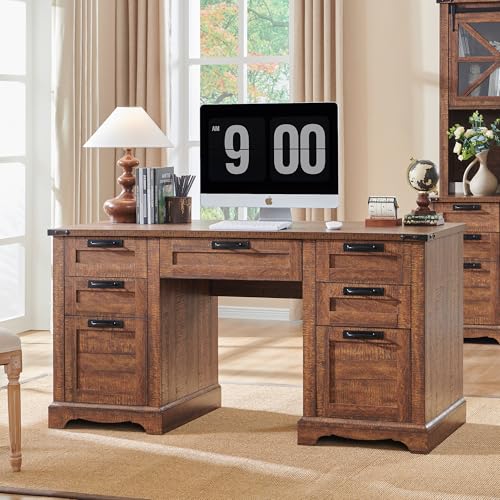 RedLemon 60" Farmhouse Executive Desk with Drawers, Wood Home Office Desk w/Charging Station, Keyboard Tray, File Drawer, Storage Cabinet