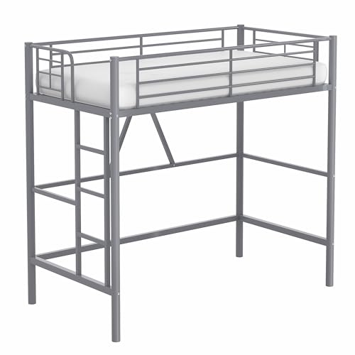 VECELO Loft Bed Twin Size, Metal Bedframe with Removable Ladder and Safety Guardrail, No Box Spring Needed, Space Saving, Noise Free, Pink