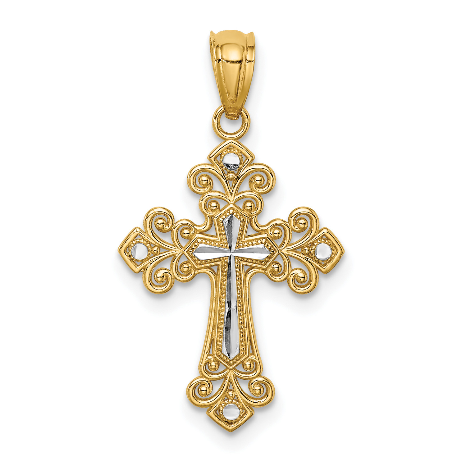 14K Two-Tone Gold Rhodium Plated Diamond Cut Cross Pendant With 14K Yellow Gold Light Weight Rope Chain 20"