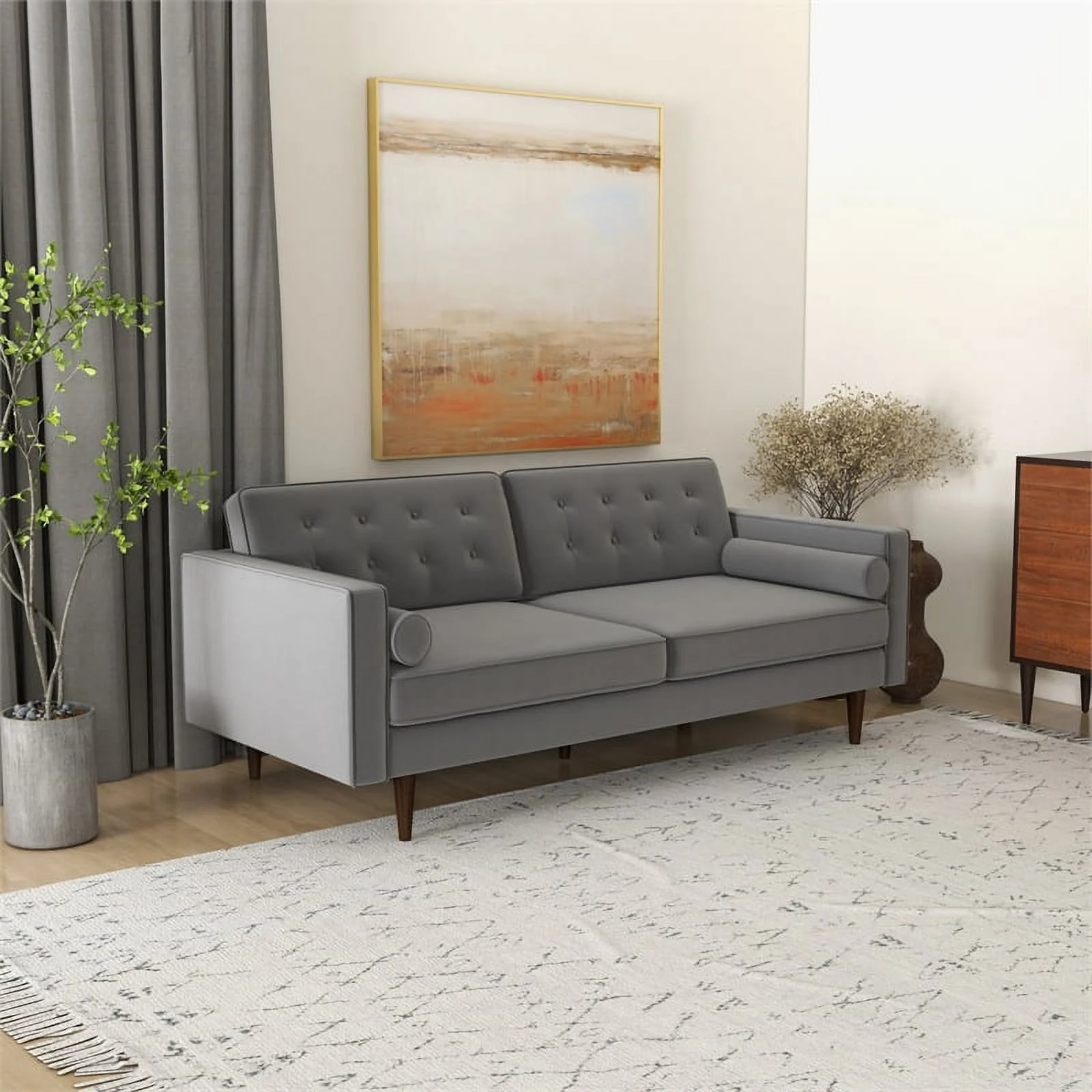 Kearney Mid Century Modern Furniture Style Gray Velvet Living Room Couch