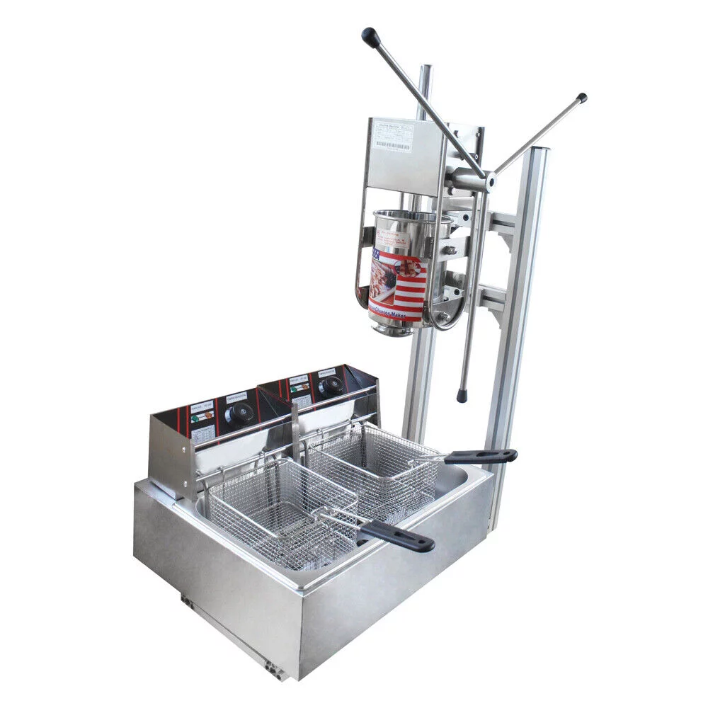 Miumaeov Churros Machine Manual Stainless Steel Vertical Sausage Stuffer with Fryer 2 in 1 Sausage Maker Spanish Churro Maker Commercial Home Spanish