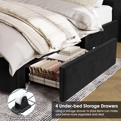 King Size Bed Frame 54" Tall Headboard with Gorgeous Button Tufted and Nail, Velvet Fabric Upholstered Bed Frame includes 4 Under-bed Storage Drawers