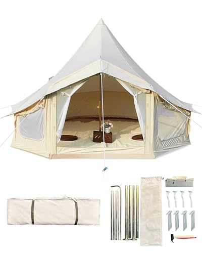Canvas Bell Tent, 4 Seasons Yurt Tent with 2 Stove Jack, 4 Mesh Zippers Windows, Breathable Waterproof Tent Suitable for 4-12 People