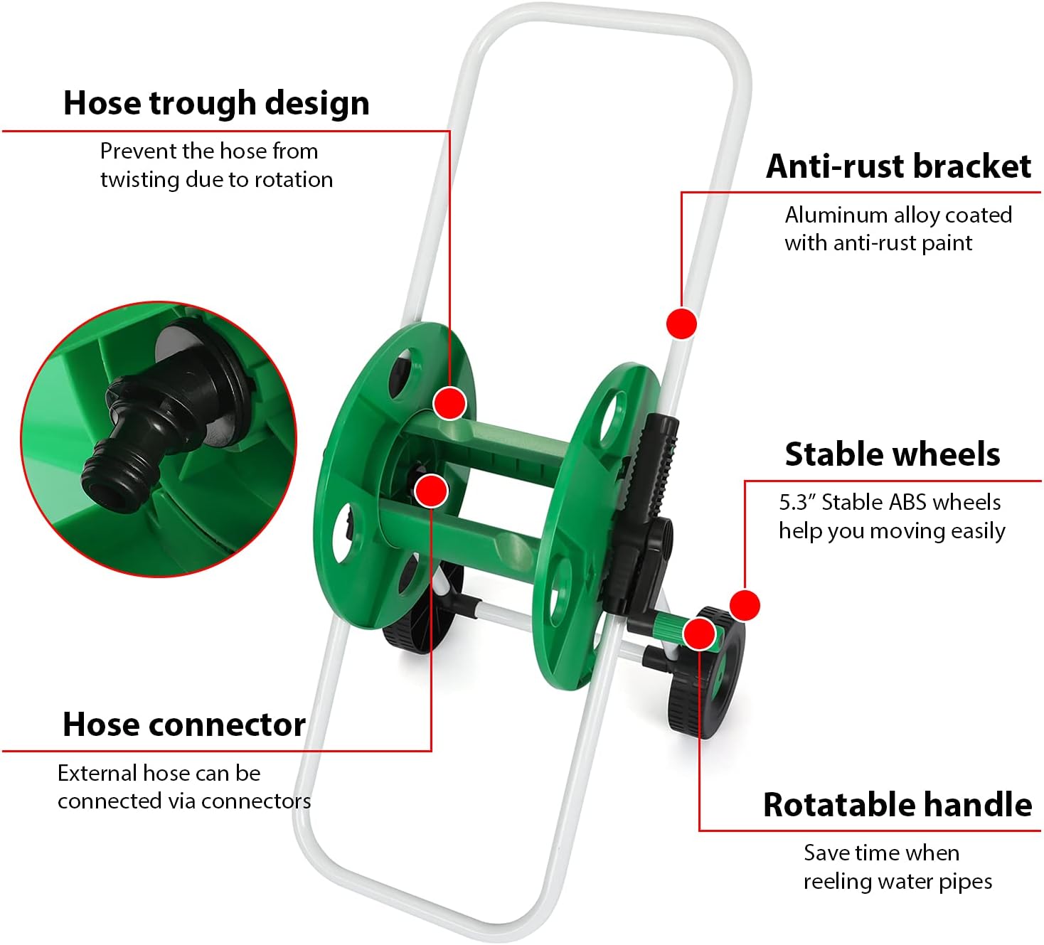 Garden Hose Reel Cart Hose Holder for Outside Storage Reels with Wheels for Yard Lawn Farm Patio Holds 100 ft 3/4 Inch Hose with 3 Connector Adapter
