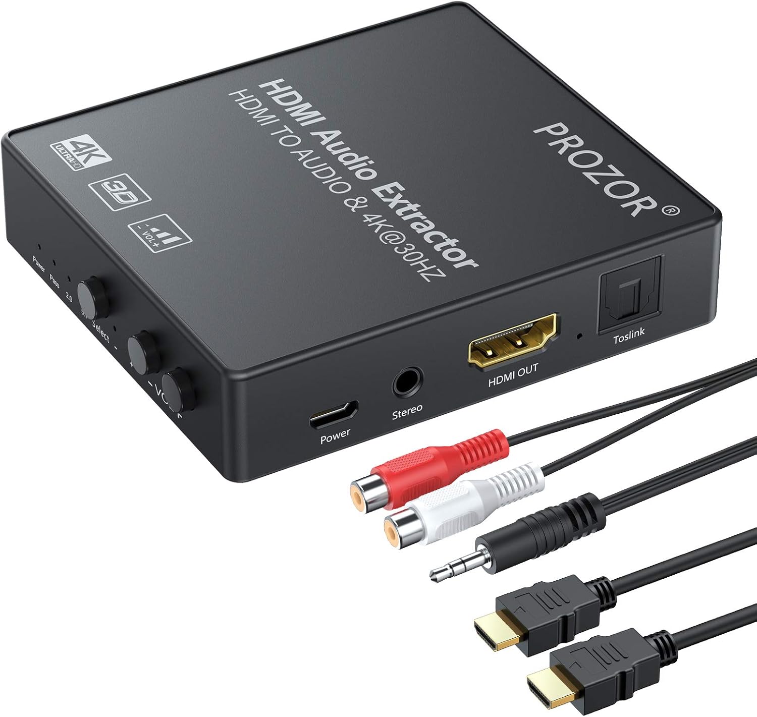 PROZOR HDMI Audio Extractor with Volume Control 4K, HDMI to Optical Spdif Toslink + R/L(RCA) + 3.5mm Stereo Audio Support 4K 3D 1080P