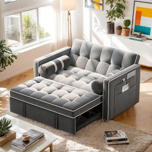 Pipishell 3 in 1 Convertible Sleeper Sofa Bed,Pull Out Couch for Living Room with USB Ports & Side Pockets,Adjustable Backrest,Velvet
